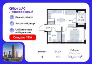 1-к квартира, вторичка, 33м2, 25/30 этаж