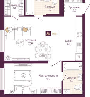 2-к квартира, вторичка, 57м2, 2/19 этаж