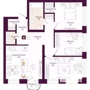 3-к квартира, вторичка, 76м2, 7/12 этаж