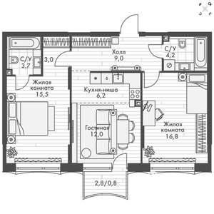 3-к квартира, вторичка, 71м2, 2/16 этаж