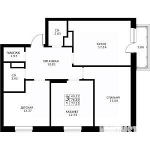 3-к квартира, строящийся дом, 77м2, 20/24 этаж