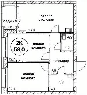 2-к квартира, вторичка, 58м2, 4/13 этаж