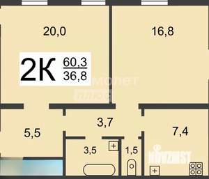 2-к квартира, вторичка, 59м2, 1/2 этаж
