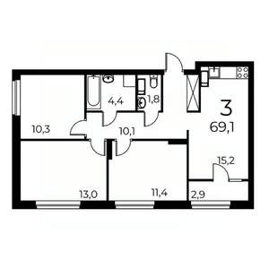 3-к квартира, сданный дом, 69м2, 19/19 этаж