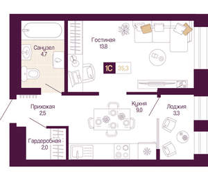 1-к квартира, вторичка, 34м2, 2/12 этаж