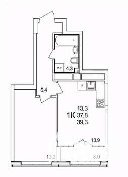 1-к квартира, строящийся дом, 39м2, 22/25 этаж