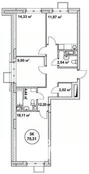 3-к квартира, строящийся дом, 75м2, 6/22 этаж