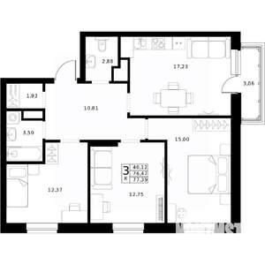 3-к квартира, строящийся дом, 77м2, 13/24 этаж