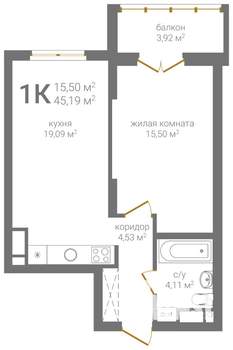 1-к квартира, вторичка, 45м2, 16/19 этаж