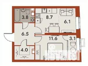 2-к квартира, строящийся дом, 44м2, 8/25 этаж