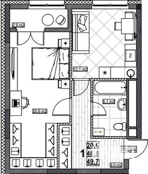 1-к квартира, сданный дом, 50м2, 11/24 этаж