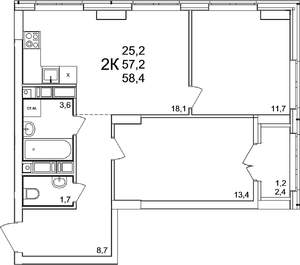 2-к квартира, вторичка, 58м2, 24/25 этаж