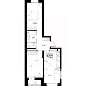 2-к квартира, строящийся дом, 62м2, 24/24 этаж