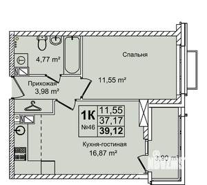 1-к квартира, вторичка, 39м2, 6/16 этаж