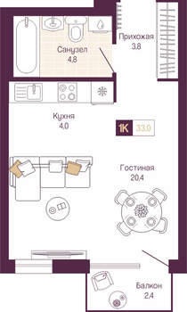 Студия квартира, вторичка, 34м2, 2/19 этаж