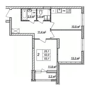 2-к квартира, строящийся дом, 53м2, 3/25 этаж