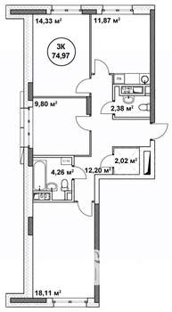 3-к квартира, строящийся дом, 75м2, 15/22 этаж