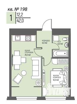 1-к квартира, вторичка, 42м2, 19/25 этаж