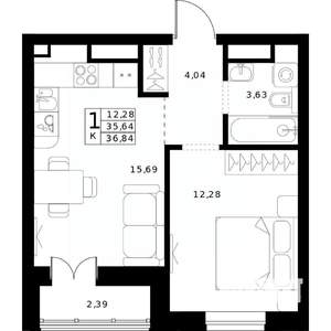 1-к квартира, строящийся дом, 37м2, 19/24 этаж