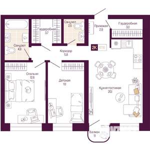 2-к квартира, вторичка, 67м2, 9/25 этаж