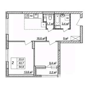 2-к квартира, строящийся дом, 55м2, 20/25 этаж