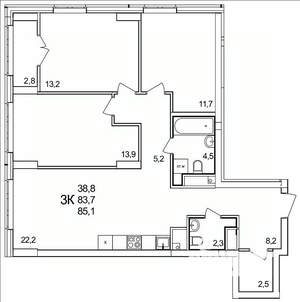 3-к квартира, строящийся дом, 85м2, 6/25 этаж