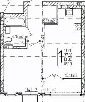 1-к квартира, сданный дом, 39м2, 7/14 этаж
