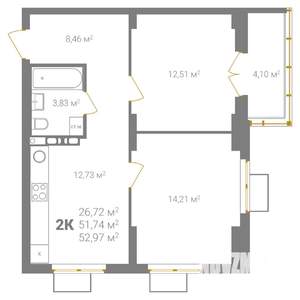2-к квартира, вторичка, 53м2, 4/18 этаж