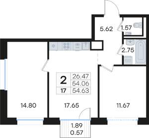 2-к квартира, вторичка, 55м2, 3/13 этаж