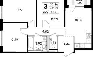 3-к квартира, вторичка, 62м2, 1/9 этаж