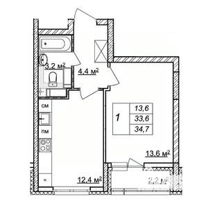 1-к квартира, строящийся дом, 35м2, 20/25 этаж