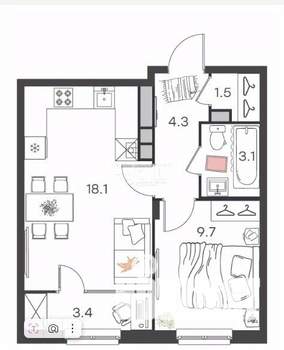 1-к квартира, вторичка, 40м2, 2/4 этаж