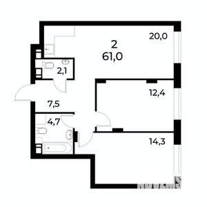 2-к квартира, вторичка, 61м2, 18/19 этаж