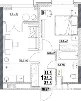 1-к квартира, вторичка, 38м2, 17/24 этаж