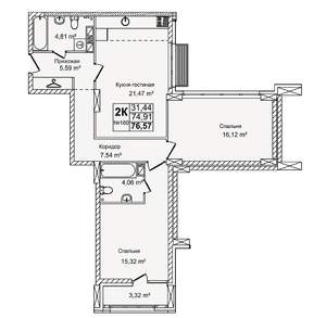 2-к квартира, вторичка, 77м2, 4/12 этаж
