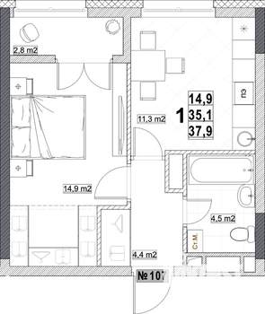 1-к квартира, вторичка, 38м2, 13/24 этаж