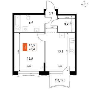 1-к квартира, вторичка, 45м2, 3/16 этаж