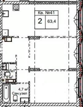 2-к квартира, строящийся дом, 63м2, 2/5 этаж