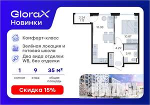 1-к квартира, вторичка, 36м2, 9/9 этаж