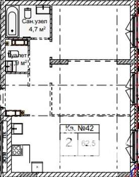 2-к квартира, строящийся дом, 63м2, 2/5 этаж