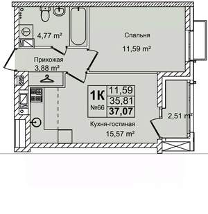 1-к квартира, строящийся дом, 37м2, 8/16 этаж