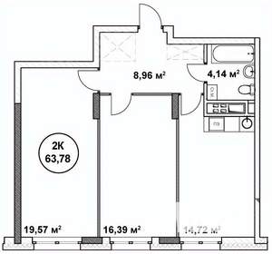 2-к квартира, строящийся дом, 64м2, 16/22 этаж