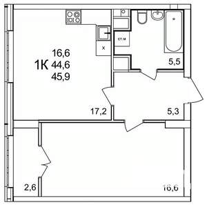 1-к квартира, строящийся дом, 46м2, 4/25 этаж