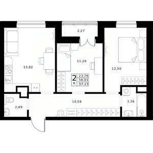 2-к квартира, строящийся дом, 57м2, 9/24 этаж