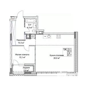 1-к квартира, вторичка, 60м2, 6/9 этаж