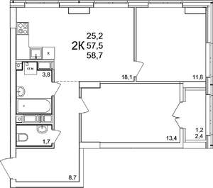 2-к квартира, вторичка, 59м2, 17/25 этаж