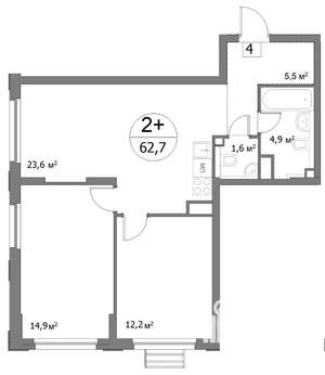 2-к квартира, сданный дом, 63м2, 2/22 этаж