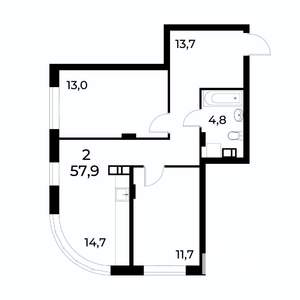 2-к квартира, вторичка, 58м2, 18/19 этаж