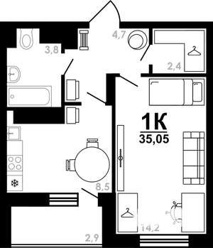 1-к квартира, вторичка, 35м2, 21/25 этаж
