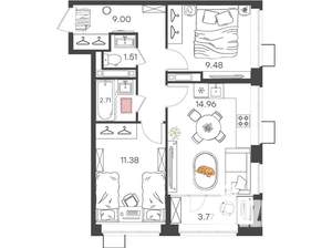 2-к квартира, вторичка, 53м2, 16/21 этаж